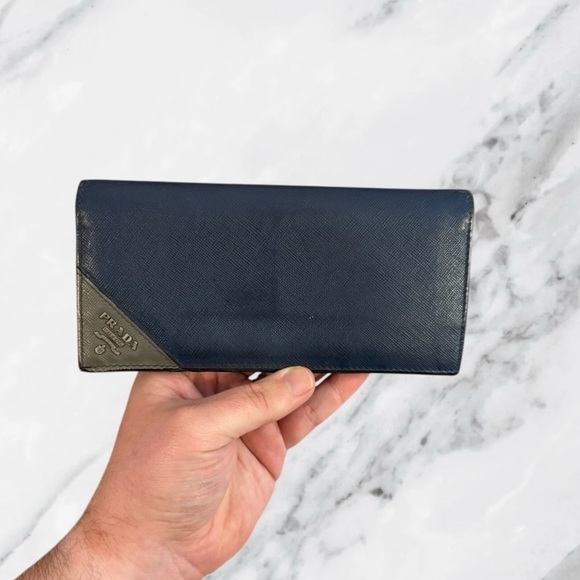 Prada Navy Saffiano Leather Continental Wallet With Silver Corner Logo - Picture 2 of 15